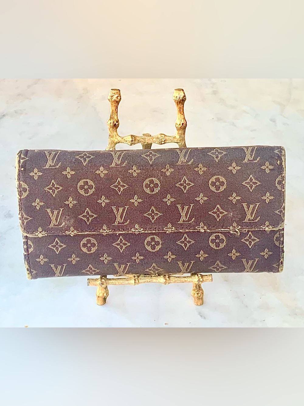 LOUIS VUITTON MINI LIN SARAH Brown CLOTH Monogram Continental Wallet VINTAGE